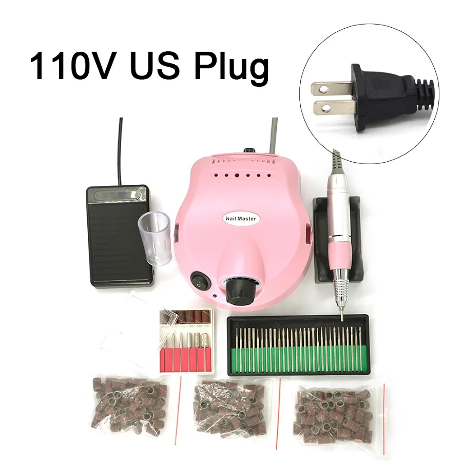 Pink US plug 30 150 110/220V 35000 об/мин Pro Электрический Фрезер для ногтей, фрезер сверло файл маникюрный набор салон домашний комплект инструментов для маникюра - Цвет: Pink US plug 30 150
