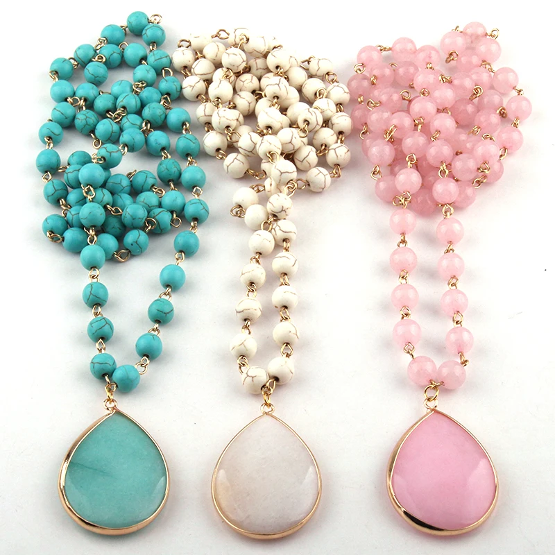 

Free Shipping Fashion Bohemian Jewelry White/Blue/Pink Stone Rosary Chain Link Stone Drop Pendant Necklaces For Women