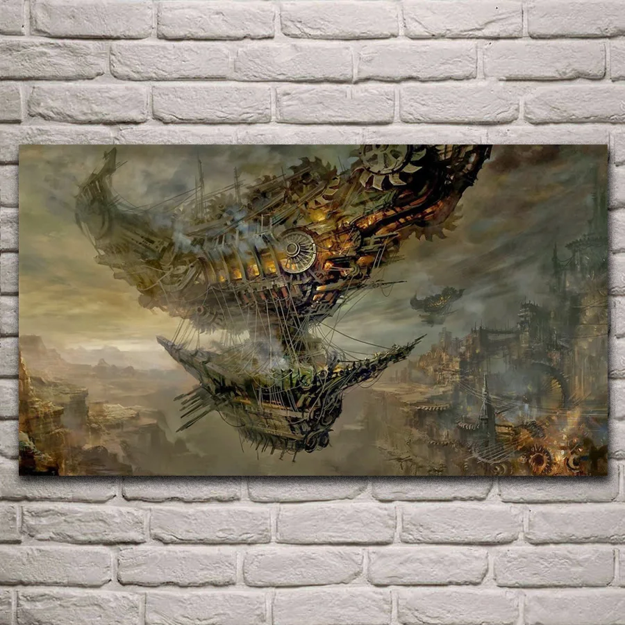 

Misty steampunk airships cityscape fantasy artwork posters on the wall picture home living room decoration for bedroom KJ532