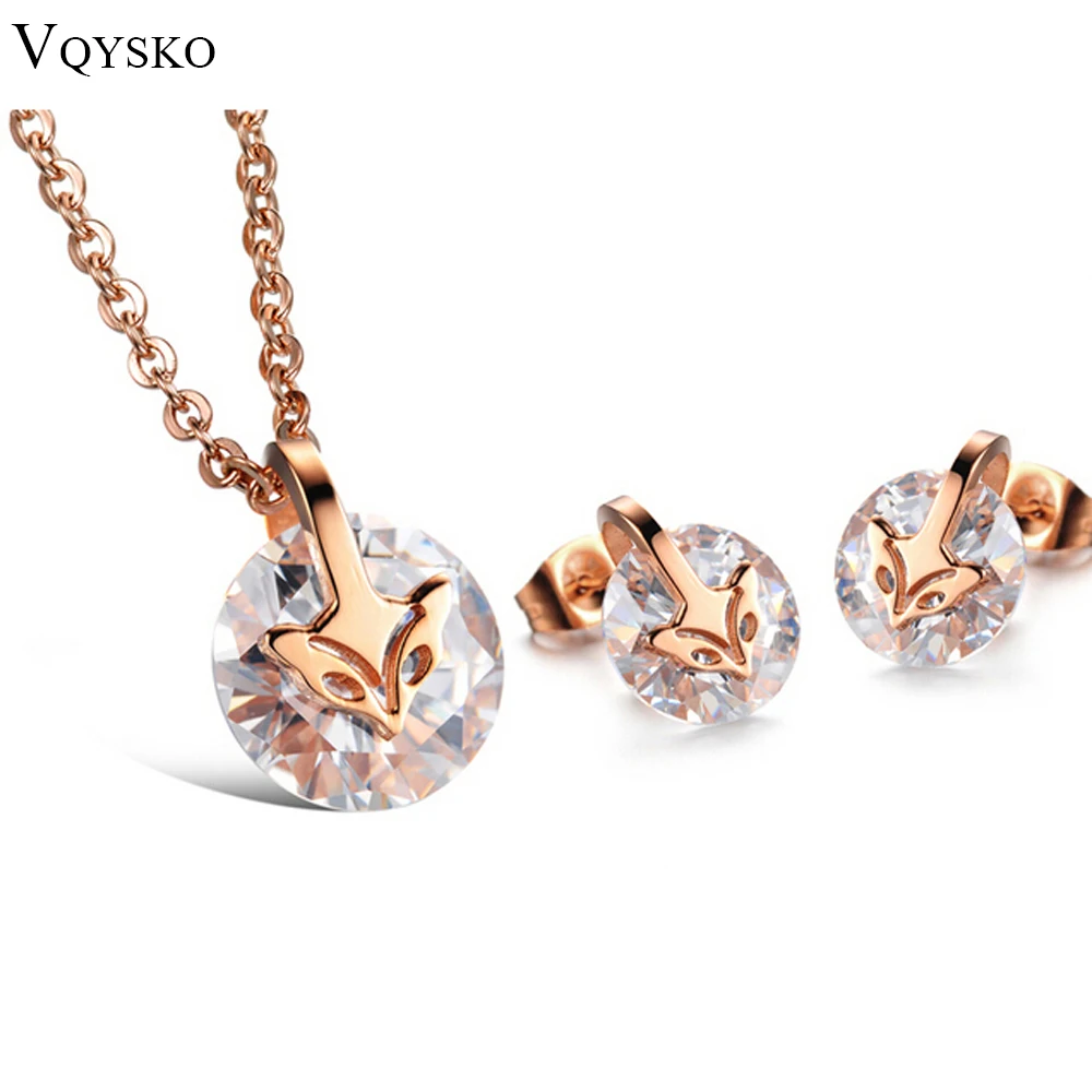 

Romantic Female Fox Stainless Steel Set Jewelry wholesale Bling CZ Crystal Earrings Necklace Wedding Jewelry Sets For Women