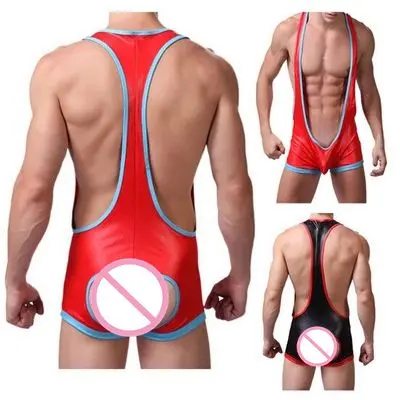 

2016 New Arrival Sexy Men's Suspender Jockstrap Wrestling Singlet Underwear Faux Leather Strecth Bodywear