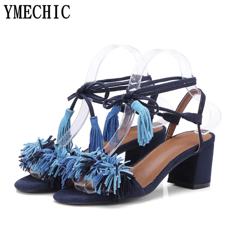 Женские замшевые босоножки YMECHIC 2018 года в стиле ретро для взрослых синие черные