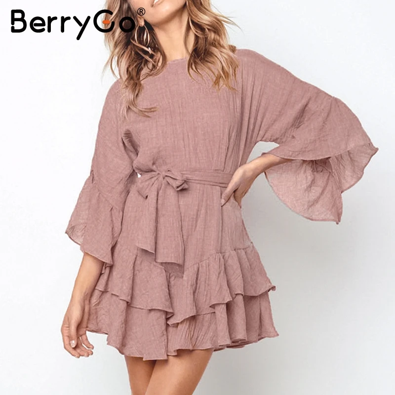 BerryGo белый пояс мини платье женские элегантные расширяющиеся к низу рукава с