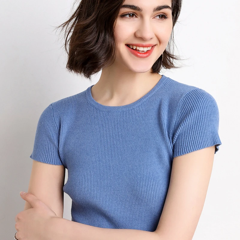 2019 spring O-neck short-sleeved knit bottoming shirt pullover solid color female half-sleeved thin | Женская одежда