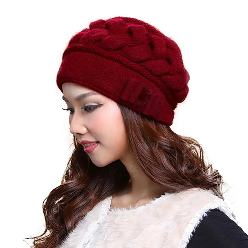 FS, модные женские шапки из кроличьей шерсти, теплые, Skullies, двухслойные, вязанные, зимняя шапка, защита ушей, шапочки, шапки Gorra, Invierno - Цвет: Красный