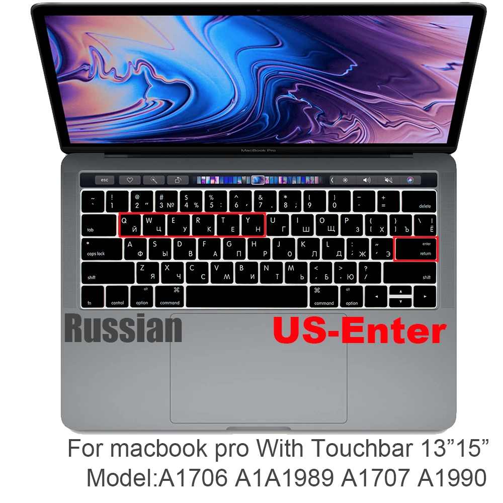 Русский ЕС и США-введите Клавиатура Обложка протектор для Macbook Pro 13Air 11 12 15 Сенсорная панель Модель A1706/A1466 A1707/A1990/A1398/A1534