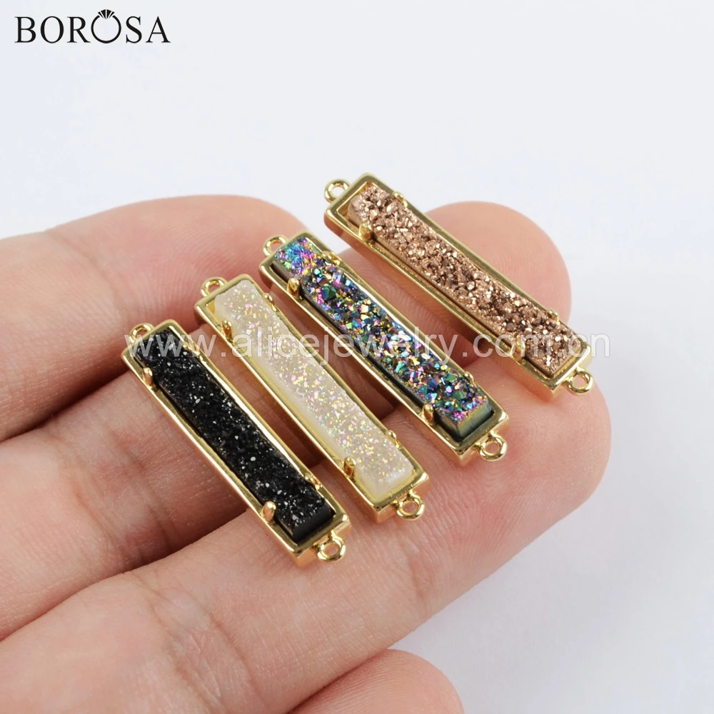 BOROSA 5 шт. золотой ободок коготь прямоугольник натуральный Агаты Титан Радужная Друза коннектор друзовый двойные подвески для ожерелья ZG0405