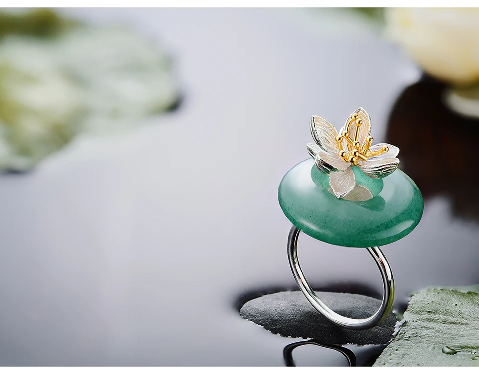 Lotus Fun, настоящее 925 пробы, серебро, натуральный зеленый камень, креативное, ручной работы, хорошее ювелирное изделие, шепот лотоса, кольцо для женщин, Brincos