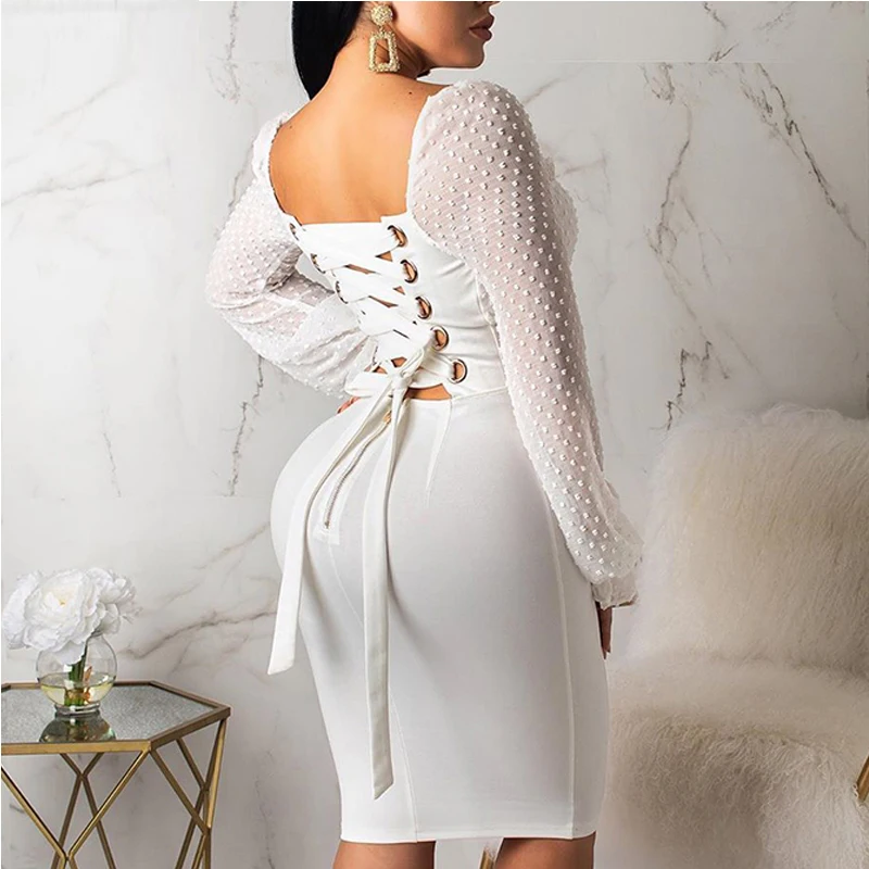 Сетчатое облегающее платье в горошек со шнуровкой на спине женское с длинным