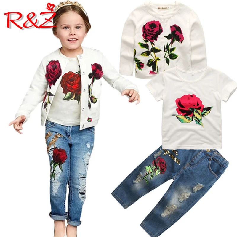 

R&Z Girls Clothes Set Spring Autumn New Brand Fashion Rose 3pcs 2-9Y Kids long sleeves flower Children Clothing set k1