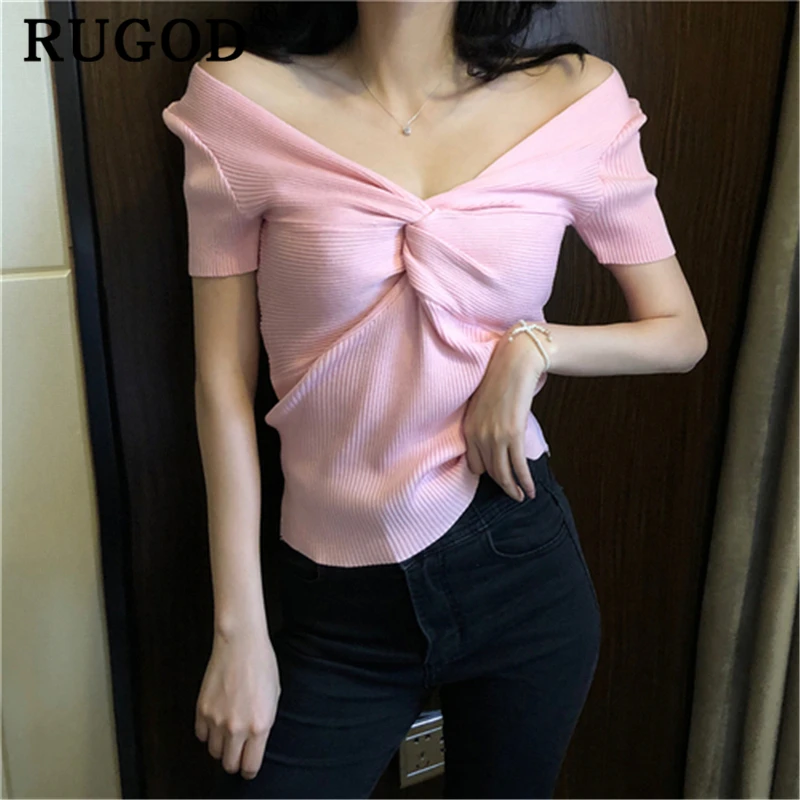 Женская трикотажная блузка RUGOD Корейская однотонная с коротким рукавом и v