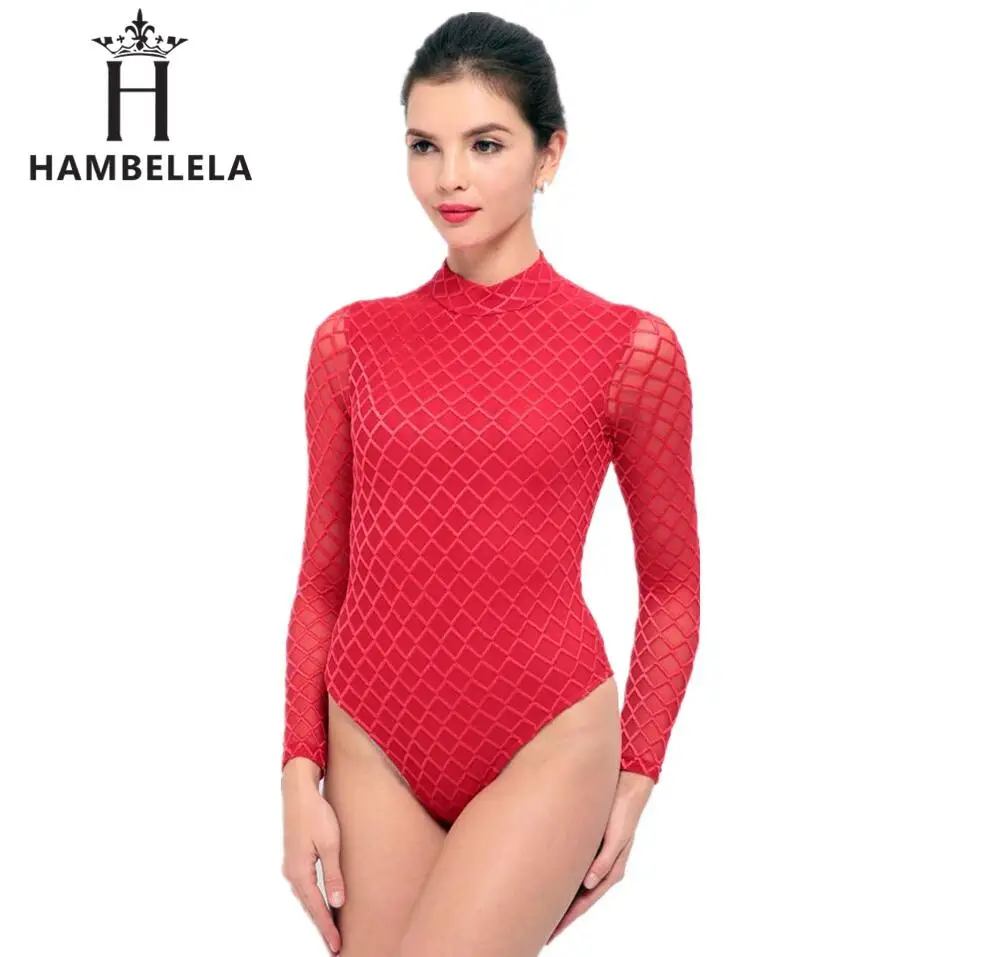 Красный HAMBELELA, сексуальный боди, комбинезон, женский, черный, белый, полый, с длинным рукавом, сетчатый, облегающий, комбинезон, стрейч, боди, для женщин - Цвет: Красный