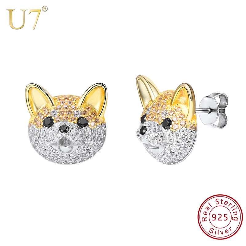 Серьги шпилька в виде бульдога для собак U7 Akita серебристые цветные с кубическим