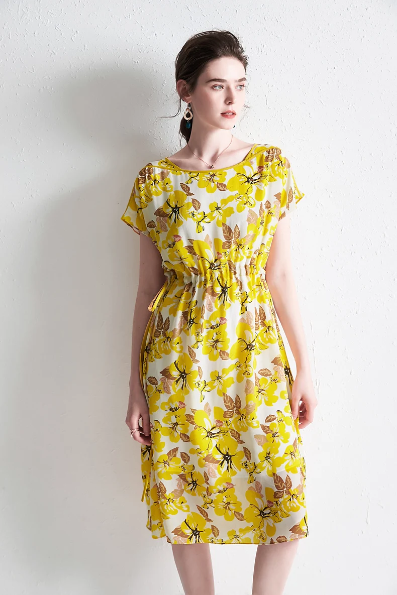 Женские модельные платья 100% шелк модные летние с круглым вырезом короткими