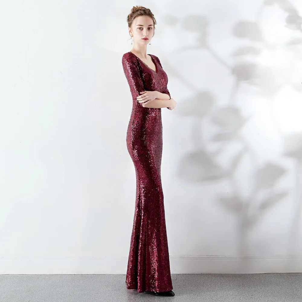 Sladuo Women Luxury Elegant Wine Red Sexy Half Sleeve Sequin Long Length Mermaid Party Dress Maxi | Женская одежда