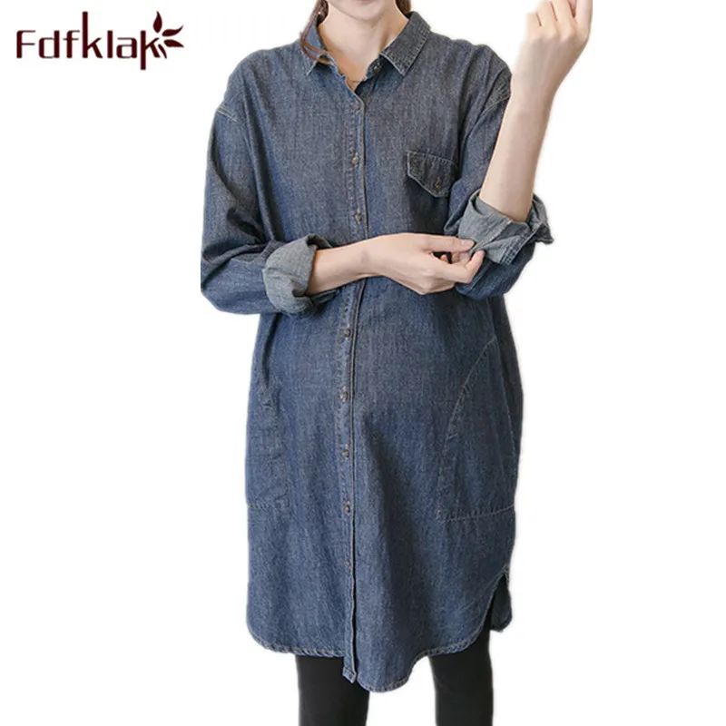 

Fdfklak 2018 Spring Autumn Maternity Long Blouse Clothes For Pregnant Women Denim Long Sleeve Pregnancy Shirt Deep Blue F199
