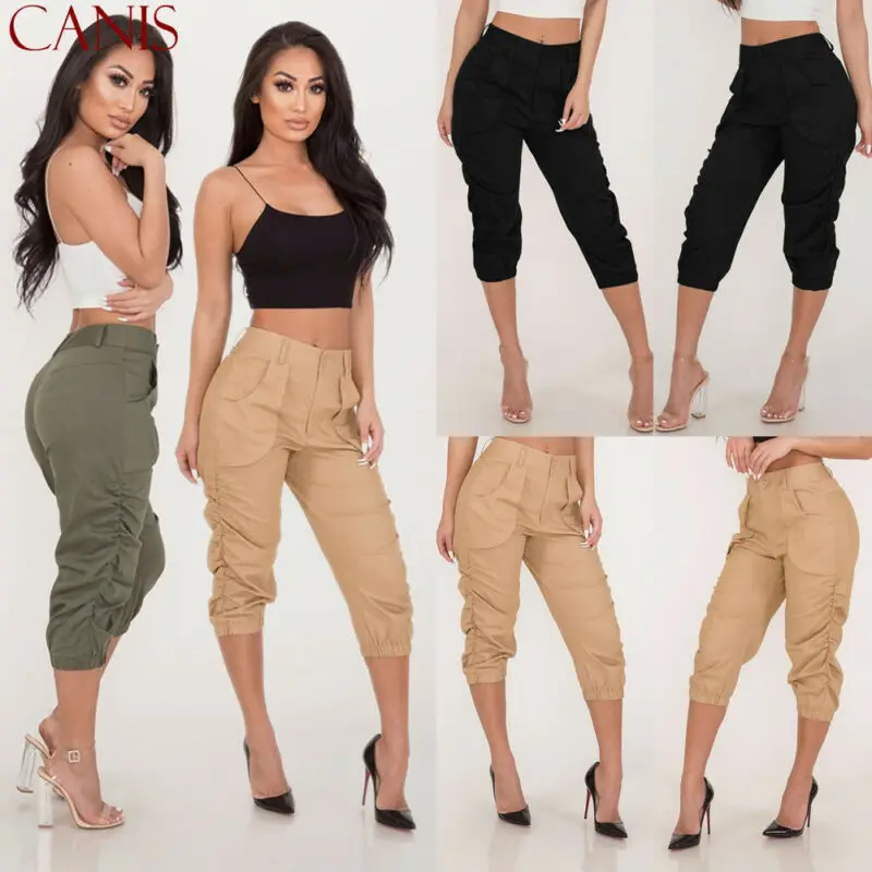 Casual Harem Trousers Women 3/4 Crop Capri High Waist Stretch Skinny Slim Elastic Pleated Summer | Женская одежда