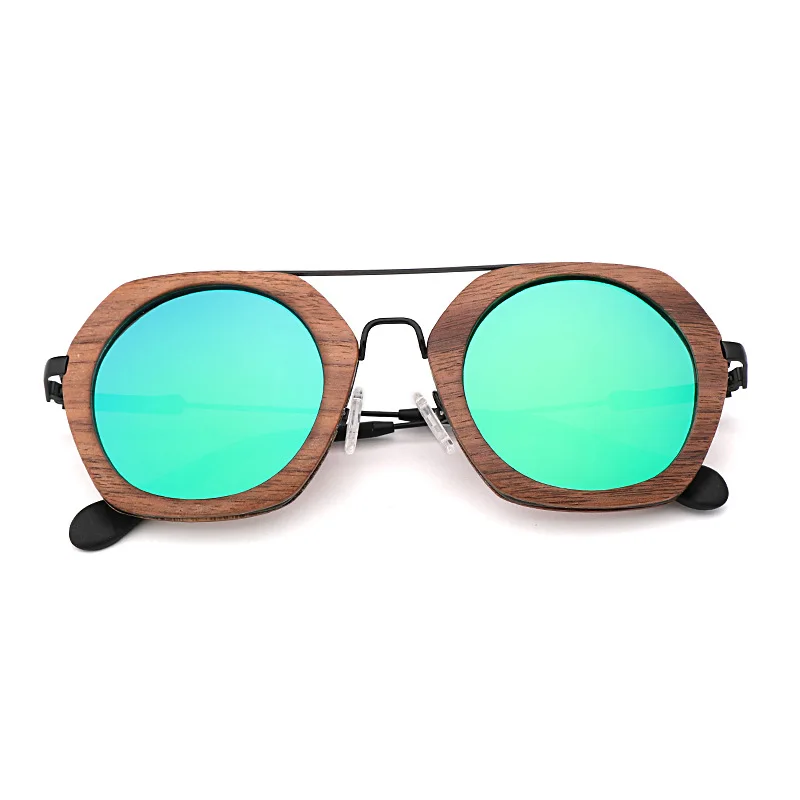 Green lens Шестигранные большие деревянные солнцезащитные очки для мужчин и женщин, полированные линзы UV400, фирменный дизайн - Цвет линз: Green lens