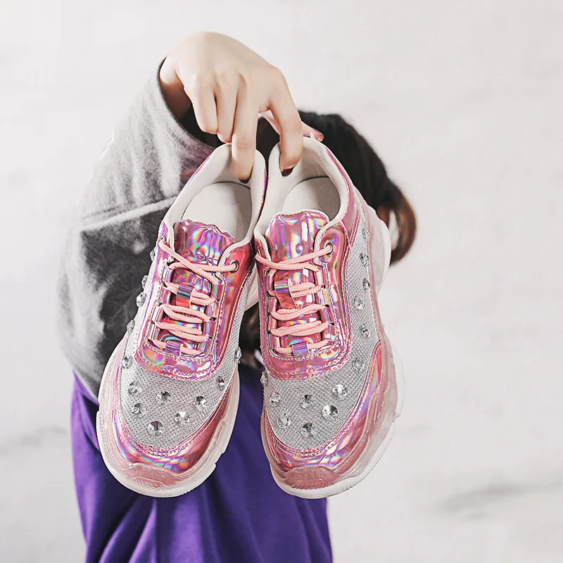 Блестящие женские кроссовки zapatos de mujer Белые блестящие chaussures femme Женские с