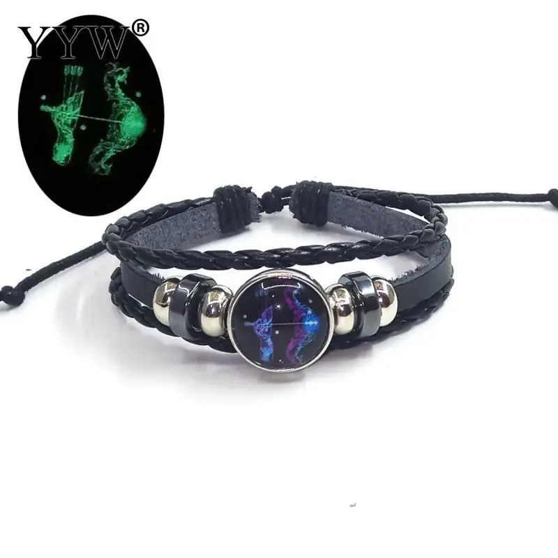Кожаный браслет с кабошонами 12 зодиакальными знаками нейлоновым шнуром