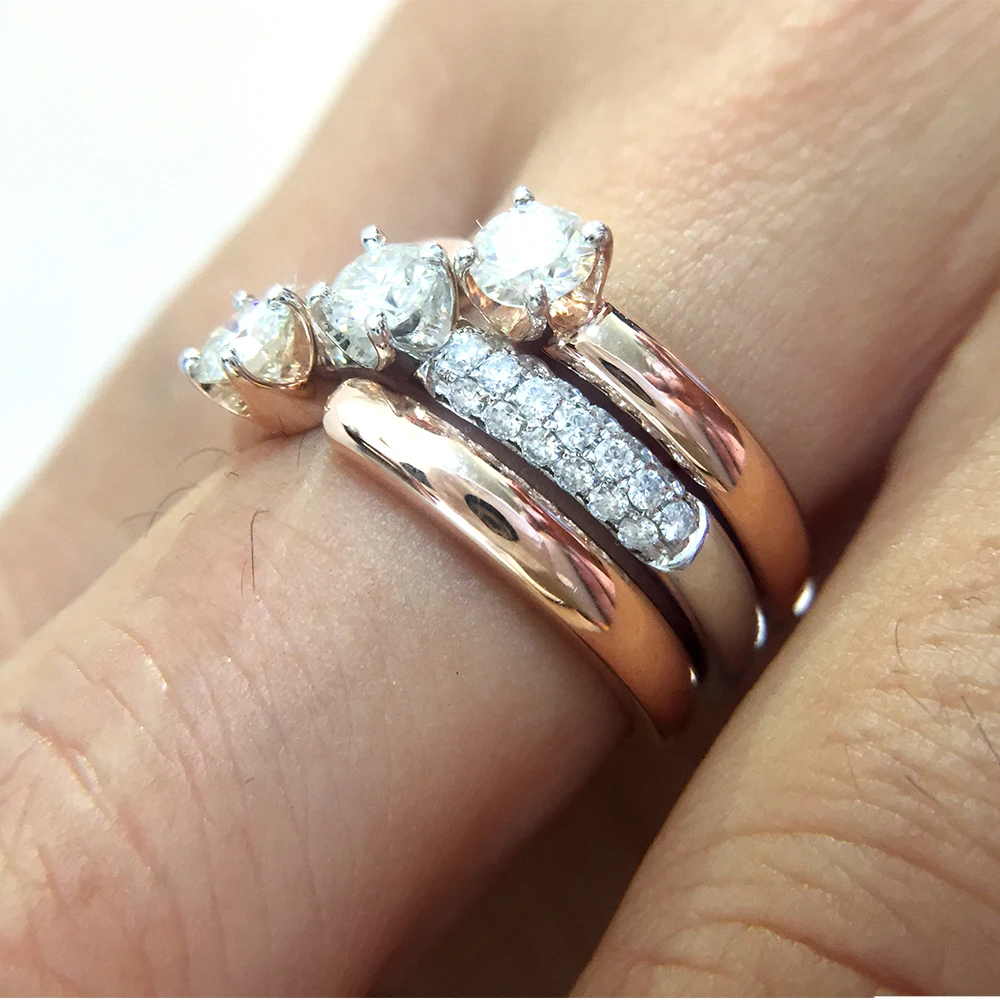14K розовое и белое золото 1.5ctw DF круглое Помолвочное кольцо Moissanite Набор браслетов