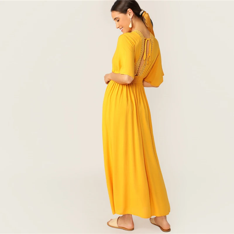 SHEIN Женские Летние Платья С Кружевами И V-Образным Вырезом И отделкой Яркое Летнее Макси Платье