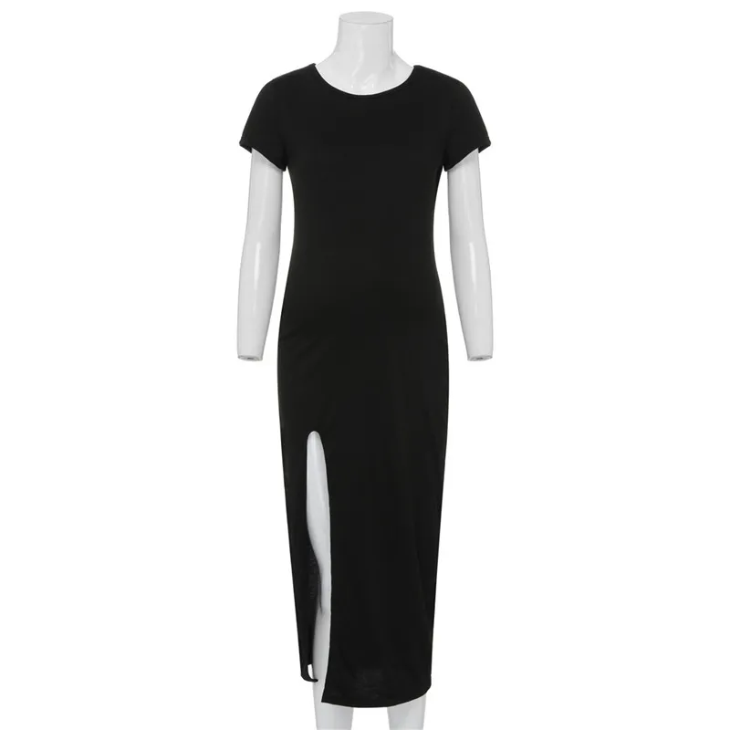 

Women Dress Solid Tight-fitting Long Pregnant Dresses Short Sleeve Open Fork Maternity Dress Maternity Dresses