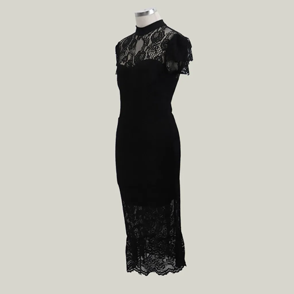 

party dresses women evening Cute black dress women Fashion Women Sexy Short Sleeve Hollow O-Neck Split Party Dress T715