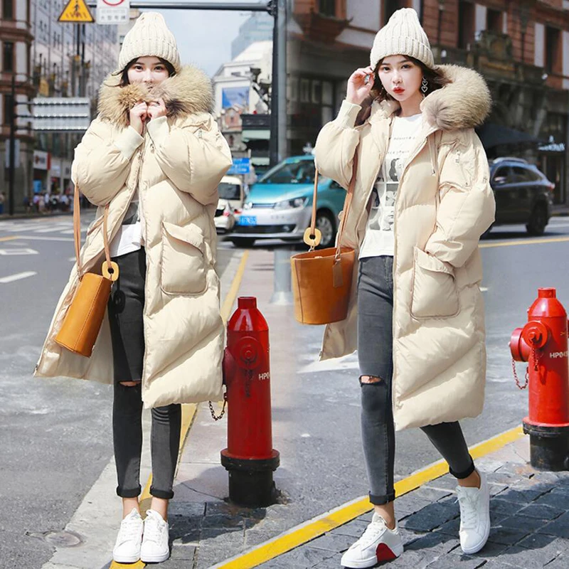 Winter Coat Women Large Fur Collar Hooded Long Jacket Thicken Warm Korean Padded Parkas 2018 New Oversized Loose Parka LY1208 | Женская