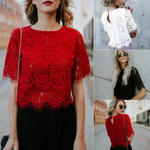 Женская кружевная блузка Повседневная летняя с коротким рукавом|womens lace blouse|lace