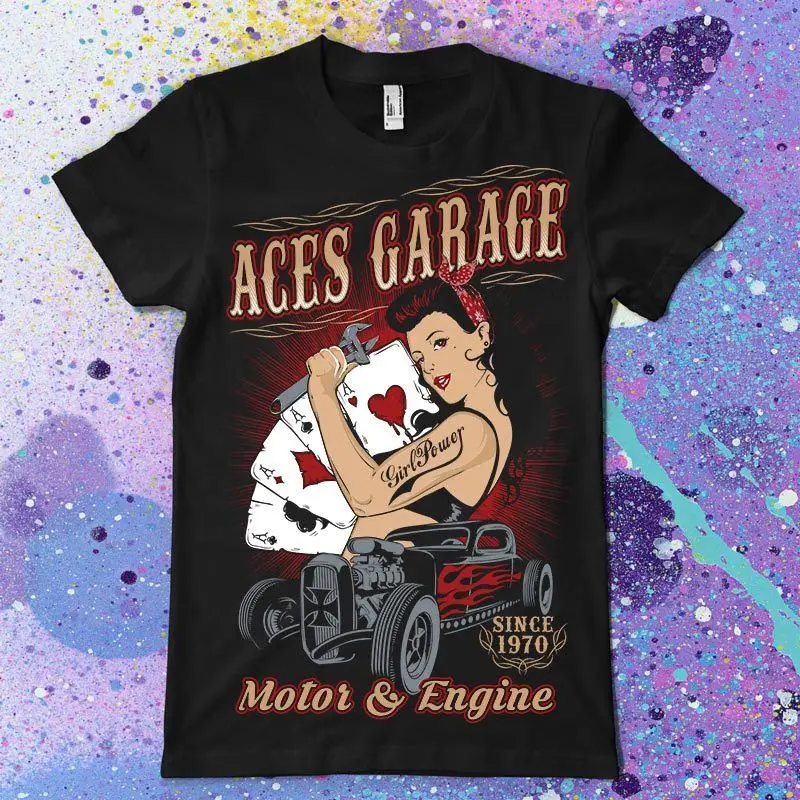 ACES GARAGE girl power hot rod tattooed since 1970 dtg mens t shirt teesNew T Shirts Funny Tops Tee New Unisex | Мужская одежда
