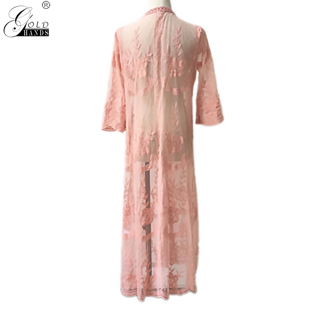 Женский кардиган золотистого цвета с цветочной вышивкой кружевной длинным