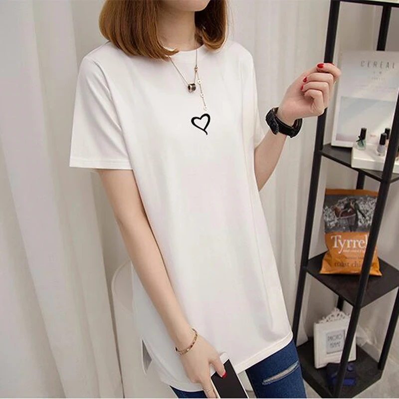 Летняя длинная футболка свободная повседневная с принтом сердца большие размеры
