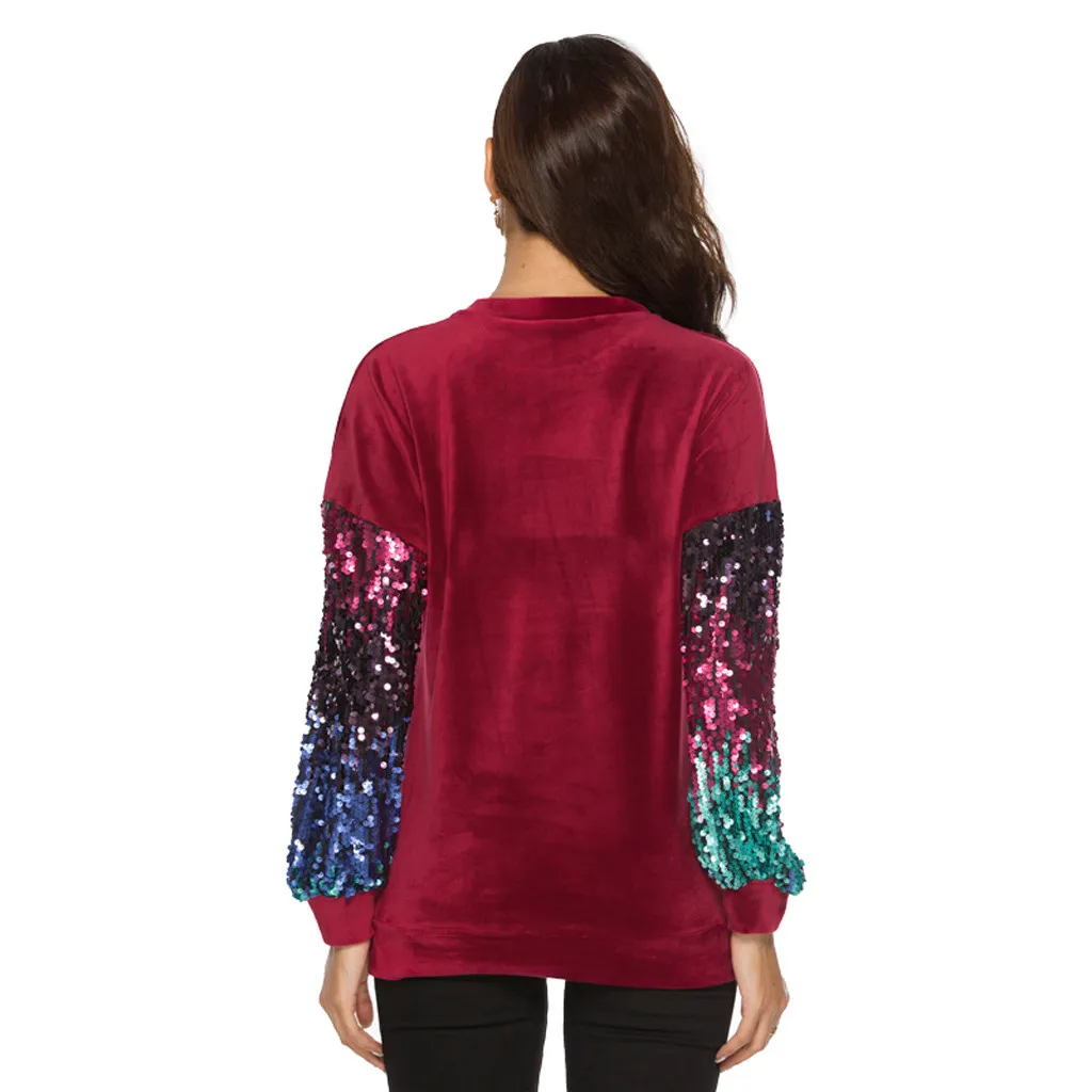 WOMAIL Bling Sequines модная футболка с длинным рукавом Женская однотонная Повседневная Лоскутная футболка с круглым вырезом для женщин 19JAN30