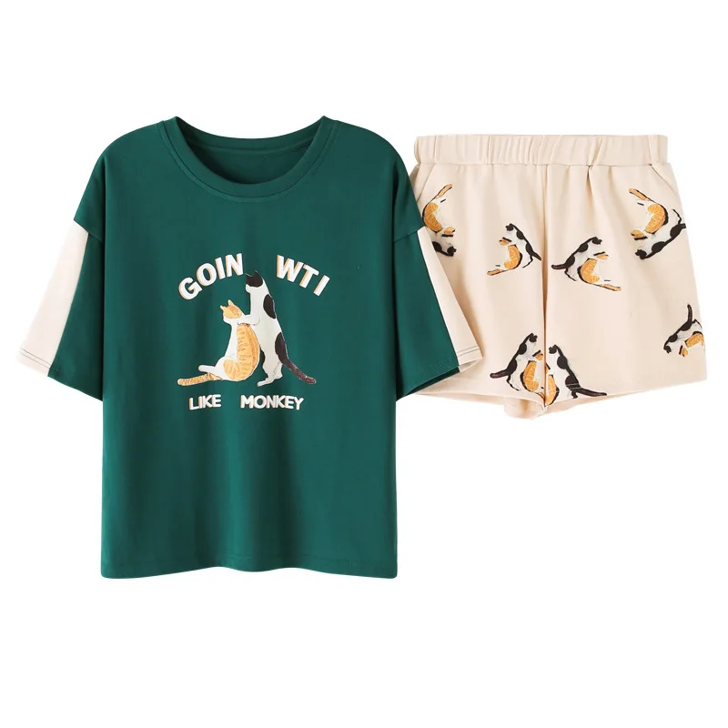 Green pajamas Новинка, Корейская летняя Пижама с милым рисунком кота, Женский хлопковый пижамный комплект с коротким рукавом и эластичной талией, Пижама для отдыха S92008 - Цвет: Green pajamas