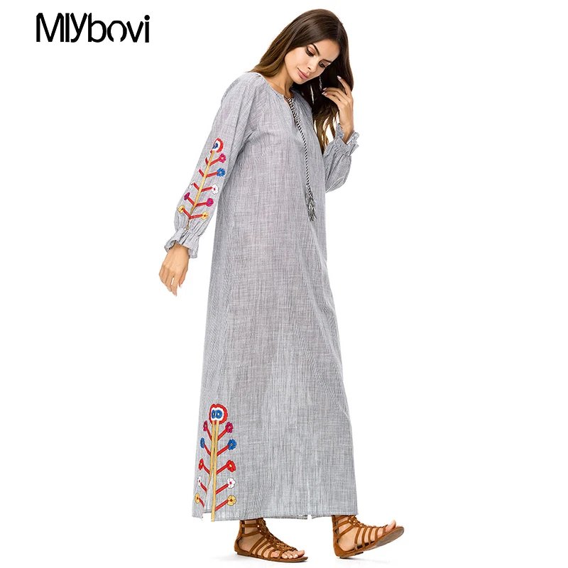 Мусульманское abaya Вышивка женское Макси Летнее Длинное Платье Роба Арабский