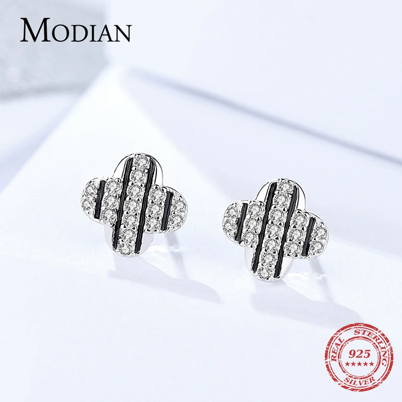 Modian горячая Распродажа 925 пробы Серебряная черная эмаль четырехлистный клевер CZ серьги-гвоздики Очаровательные простые серьги для женщин ювелирные изделия