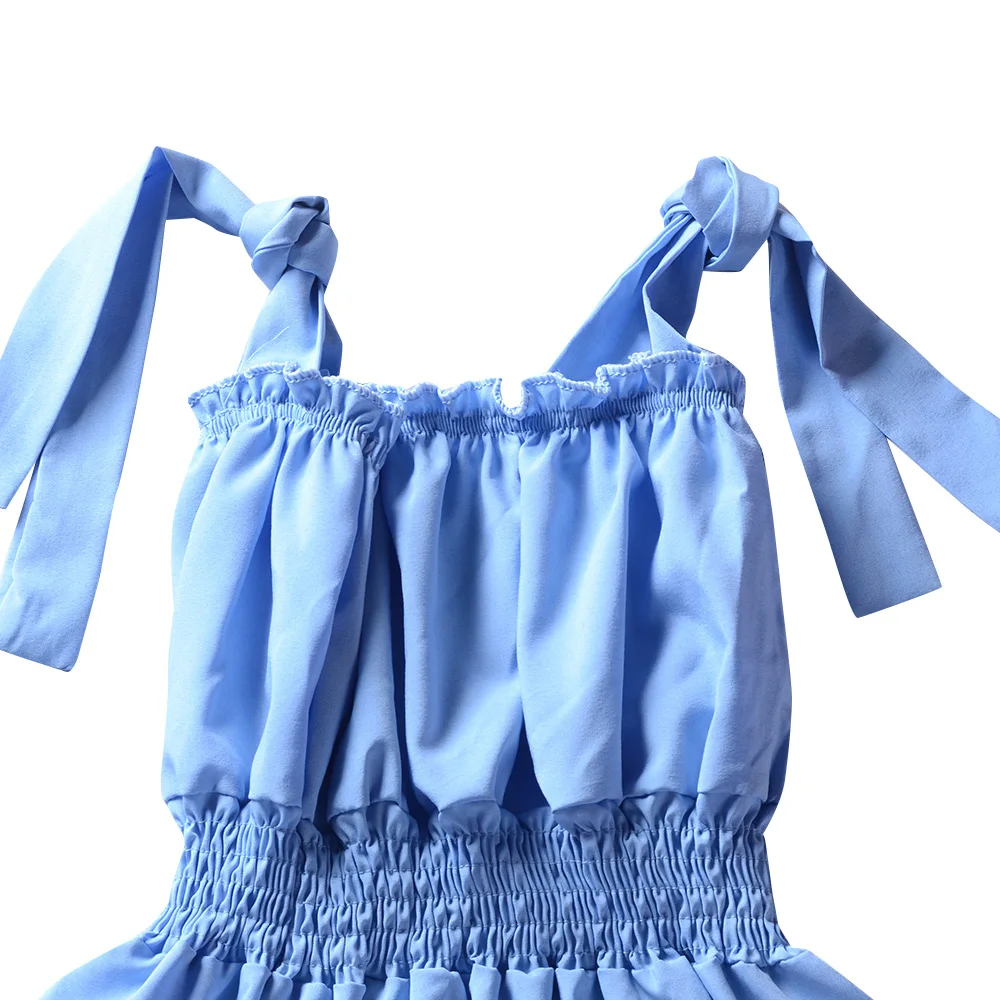 Kid Girls Clothes Ruffled Sleeveless Suspender Dresses Solid Blue Casual Tunic Children Dress | Детская одежда и обувь