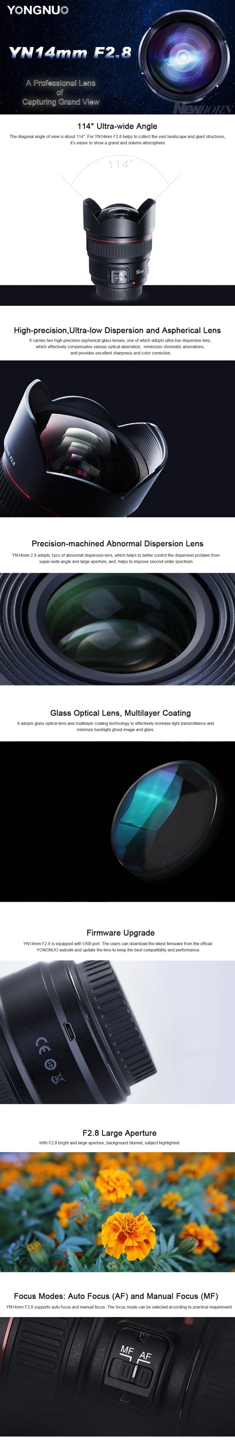 YONGNUO 14 мм F2.8 ультра-широкоугольный объектив YN14mm с автофокусом AF MF с металлическим креплением для Nikon d5300 d3400 d3100 d200