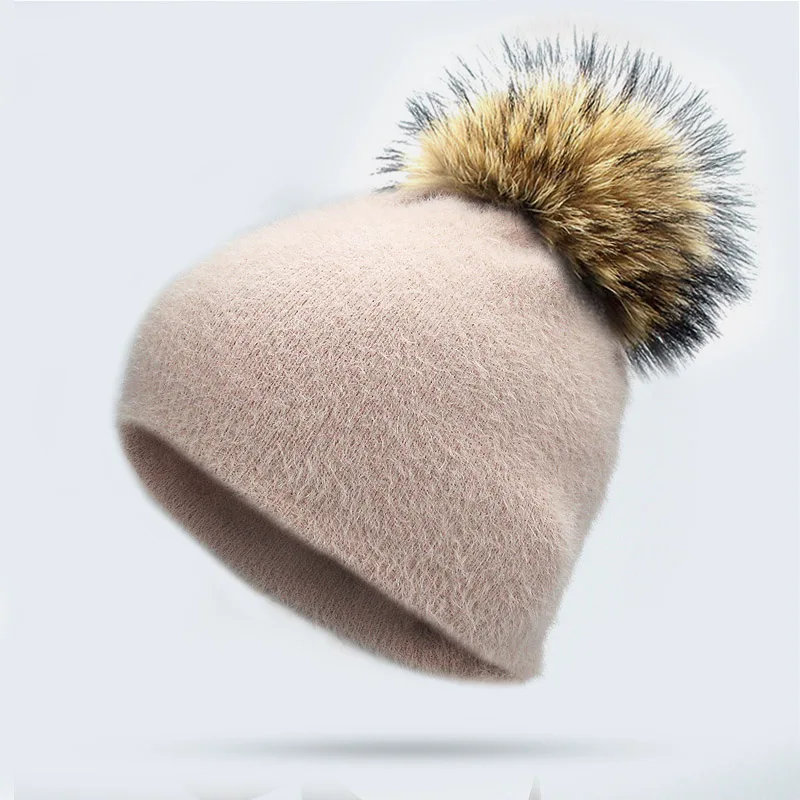 K Девушка Для женщин зима теплая Skullies шапочки Кролика трикотажные шапочки с натуральным мехом Pom Hat Кепки мягкие однотонные енота меховым помпоном Bone - Цвет: K