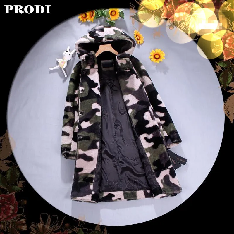 Проди 2017 женские дубленки камуфляж шаблон дизайна длинное пальто куртка кожа