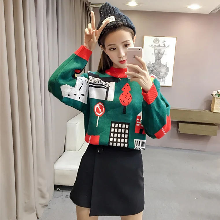 Autumn Winter Christmas Sweater Women Harajuku Print Pullover Half Turtleneck Knitted Sweaters Jumpers Pull truien dames MY788 | Женская