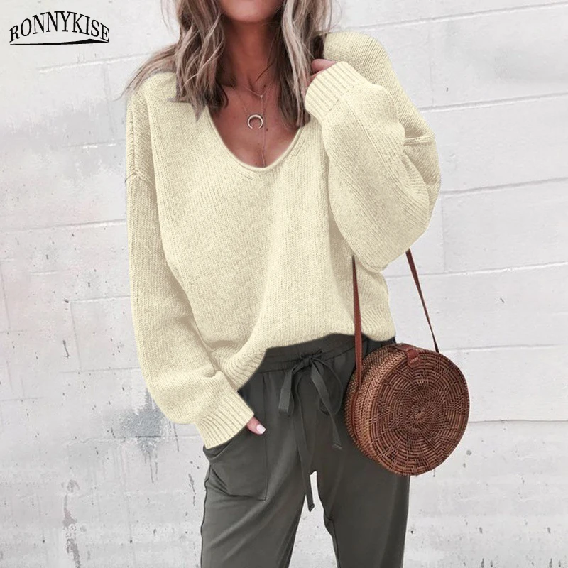 RONNYKISE Sexy V-neck Knitted Sweaters Women Fashion Long Sleeve Casual Tops Autumn Winter | Женская одежда