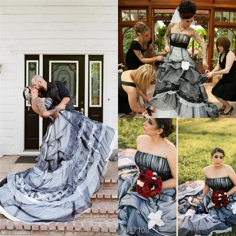 Готические Свадебные Платья Черно-Белый Органзы Без Бретелек Уровни Суд Поезд