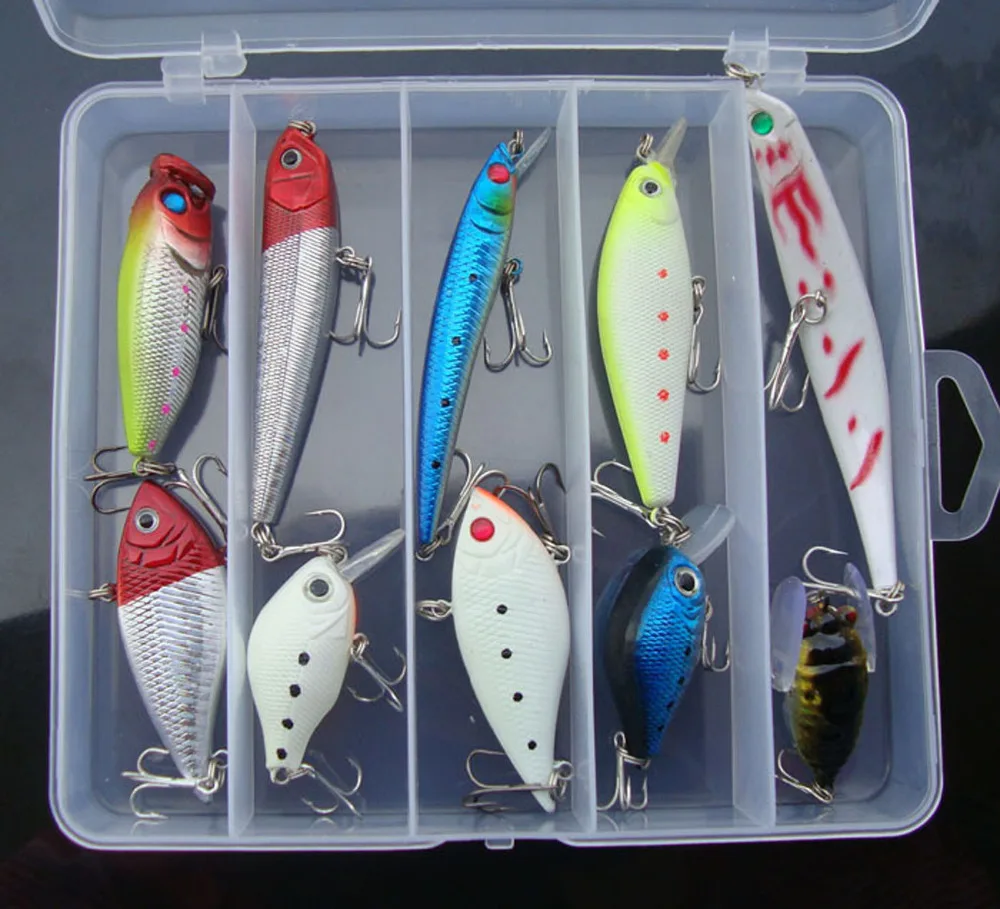 

10PCS Mix Lure Minnow Crankbait Popper Fishing Fish box