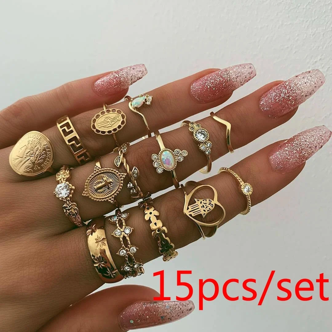 FEECOLOR 15 шт./компл. Ретро воплощение красоты Золотая монета крест кольцо набор узор