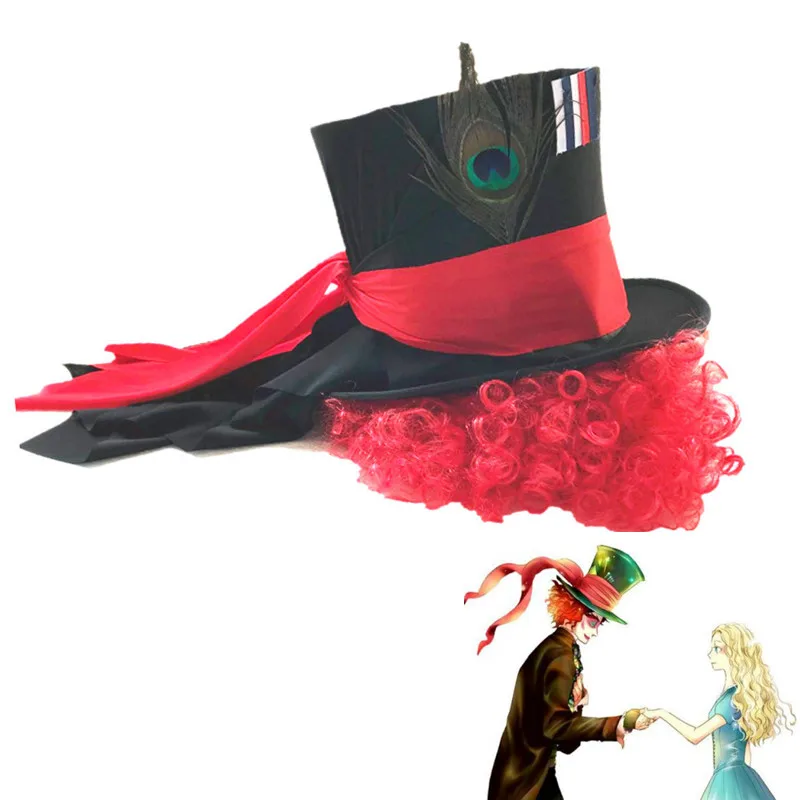 Costumebuy Алиса в стране чудес шляпа безумного Шляпника Косплей Тарра. оранжево-красный вьющиеся волосы Mr mad шляпа парик роль играют с ума шляпа