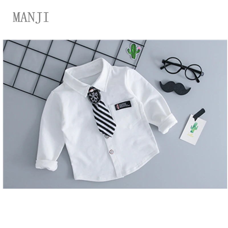 MANJI/комплекты одежды для мальчиков, рубашка с галстуком для детей 0-3 лет, осень, новая мода, отложной воротник, 18058, детская одежда, комплекты для малышей