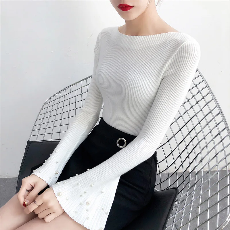 С расклешенными рукавами Для женщин вязаный свитер 2017 осень-зима модные Бисер с