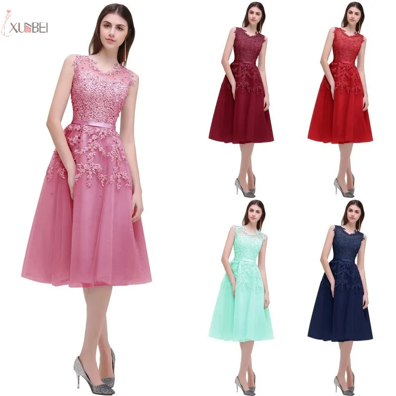 

2019 Elegant Pink Burgundy Navy Blue Mint Green Short Bridesmaid Dresses Tulle Lace Applique Wedding Party Dress Guest